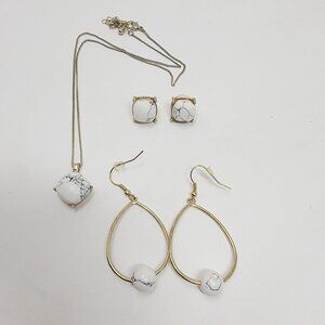 Gold Tone Howlite Necklace Earrings Set Pendant Studs Dangle Mixed